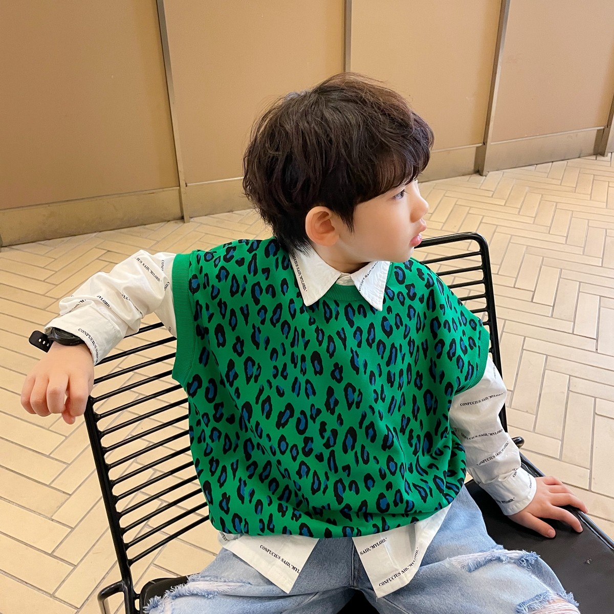 2022 - The new Han edition of BAO WEN horse vest green boy pure cotton casual tops and send children to leisure
