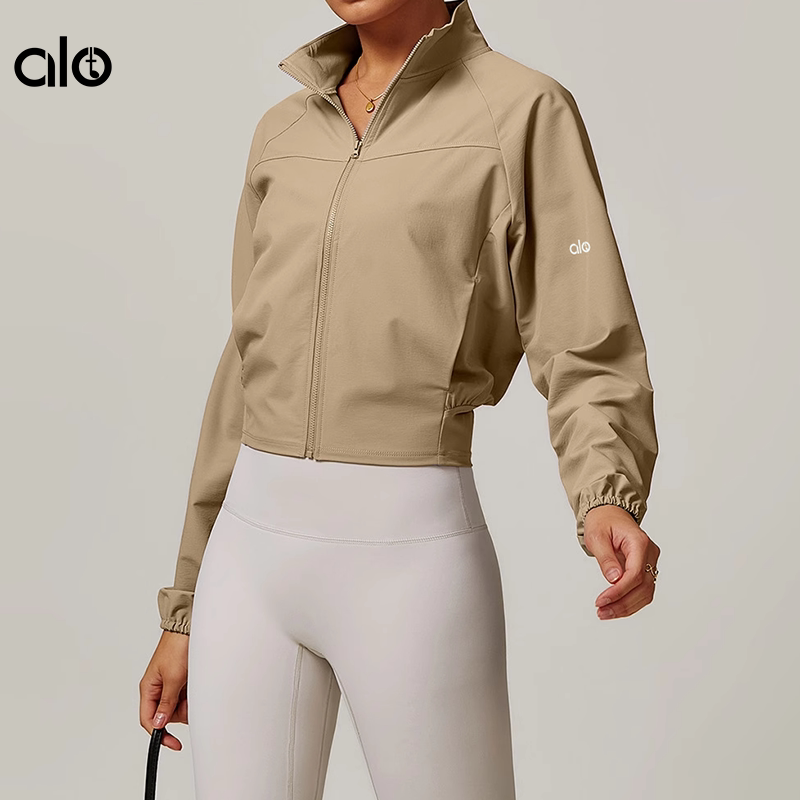 Aloide Thin Stand-Up Collar Zipper Yoga Jacket for Women, Long-Sleeved Windproof Waist-Cinching Short Running Sports Jacket Top
