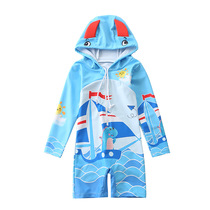 2022 new children swimsuit mens one-piece connected hat large and small child long sleeve anti-swimsuit cartoon boy swimsuit