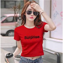 Short T-shirt Women 95 Cotton Short Round Neck Print Top High Waist Open Umbilical Slim Short Sleeve 2021 Spring and Summer New