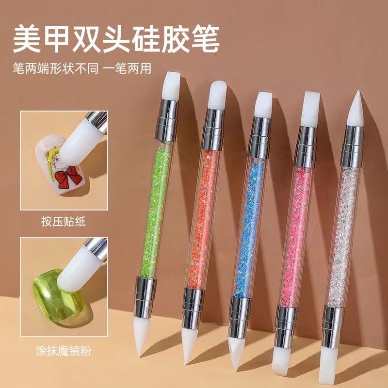 Manicure Silicone Double-Ended Embossing Pen Nail Decal Sticker Carved Smudged Press Stick Magic Mirror Powder Stick Brush Tool