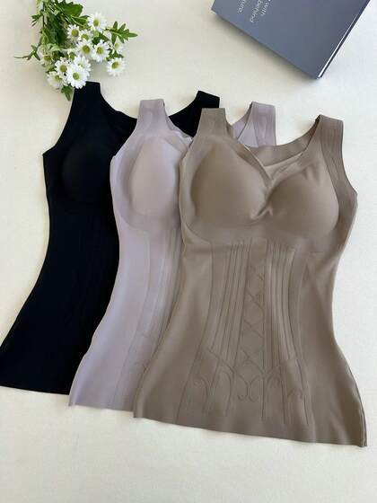 2024年冬季新款单层磨毛保暖背心雕花塑身美体打底上衣女带杯垫