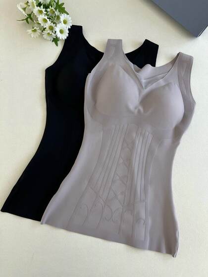 2024年冬季新款单层磨毛保暖背心雕花塑身美体打底上衣女带杯垫