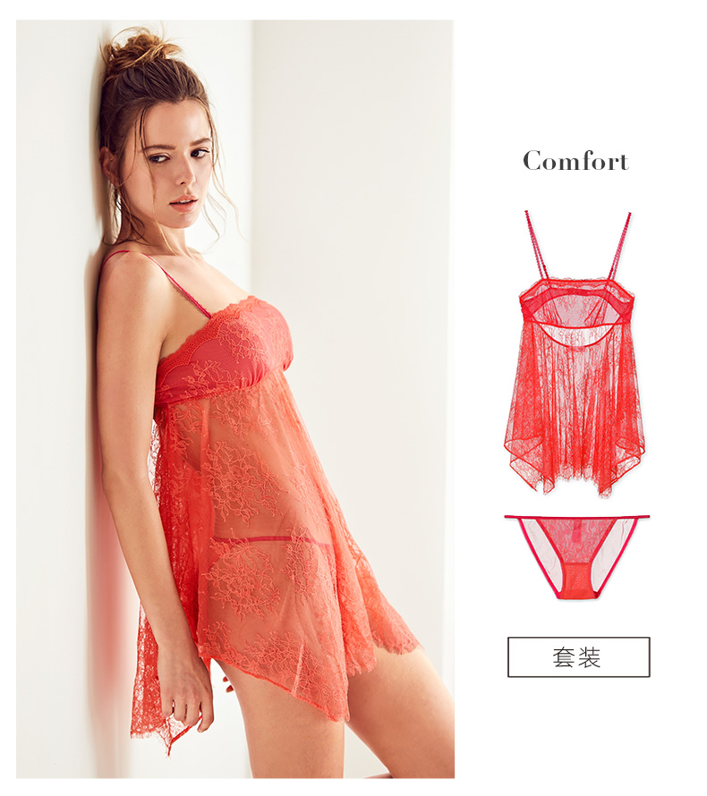 Manifin mỏng thoải mái dịch vụ tại nhà Sexy ren trong suốt dây đeo váy ngủ Đồ ngủ phụ nữ Set F váy ngủ dài tay