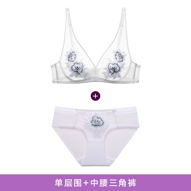 010 White + BriefsManiForm  Bra Set  sexy Underwear Thin underpants Netting transparent Hollow out ventilation Embroidery 20842377