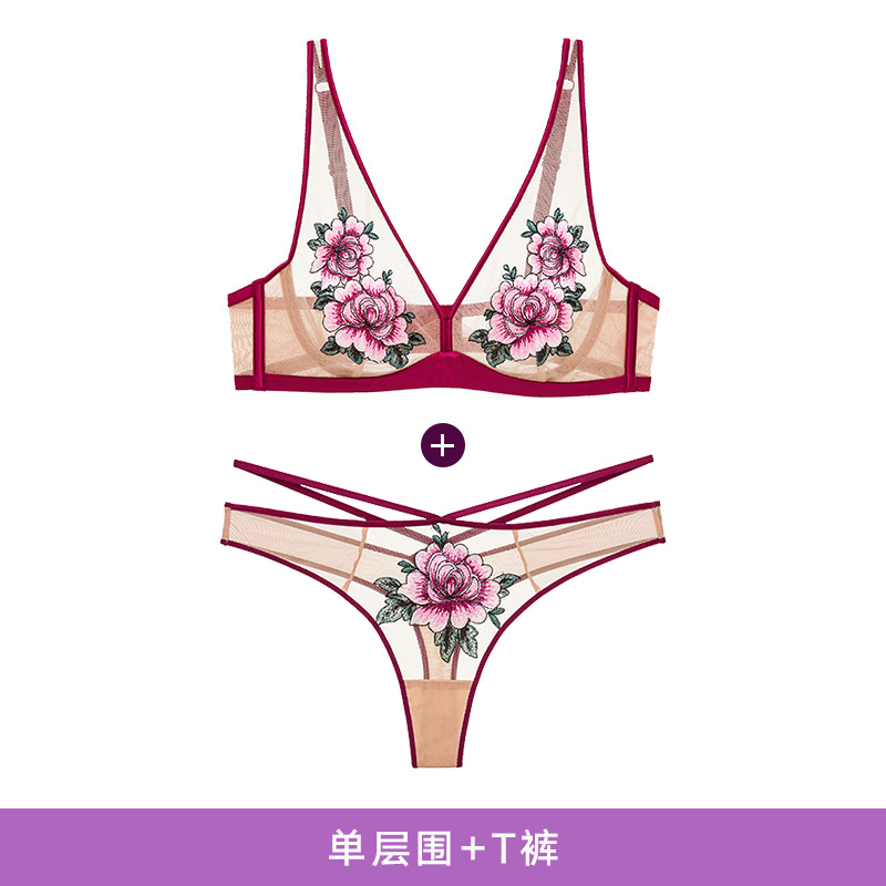 041 & Wine Red + T PantsManiForm  Bra Set  sexy Underwear Thin underpants Netting transparent Hollow out ventilation Embroidery 20842377