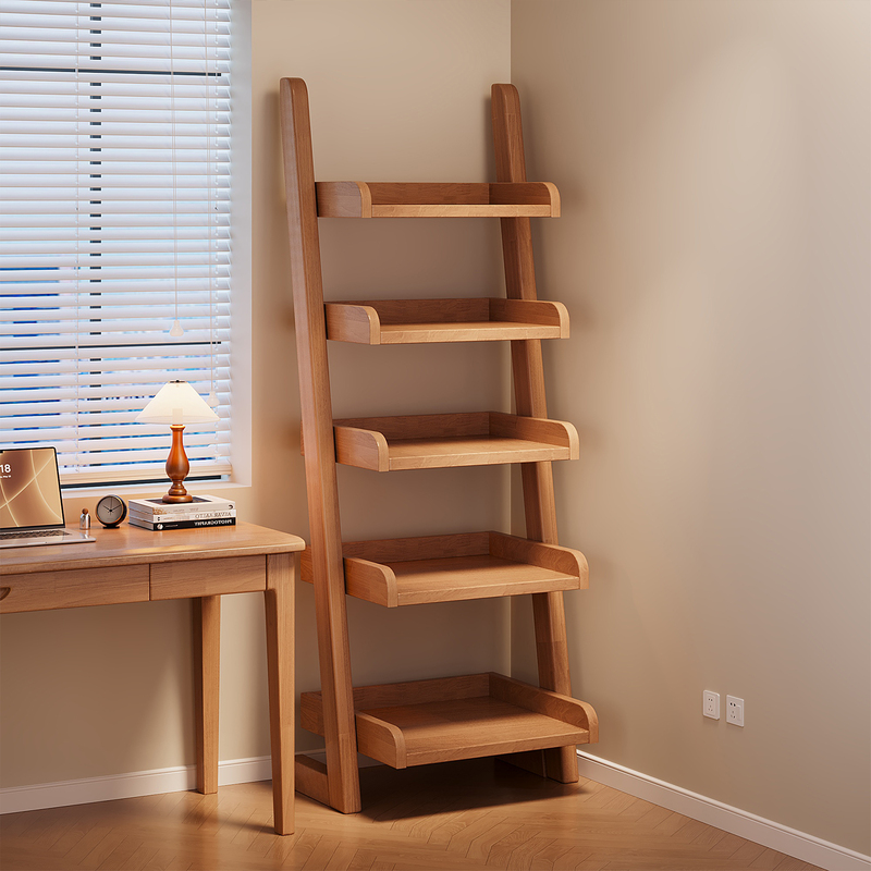 Solid Wood Ladder-Shaped Storage Rack, Floor-Standing, Multi-Layer Corner Storage Shelf, Integrated Wall-Mounted Storage Display Narrow Bookshelf