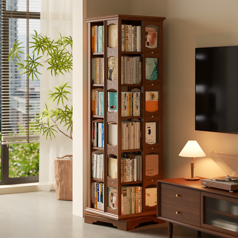 Solid Wood 360-Degree Rotating Bookshelf, Floor-Standing Movable Storage Rack, Corner Bookcase Beside the Desk, Wall-Mounted Integrated Narrow Cabinet