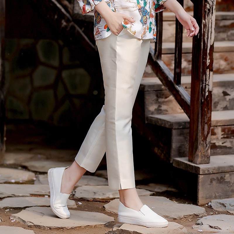 Silk high-waisted white-collar casual women's cigarette pants thin wild pencil straight Harun double nine-point pants spring