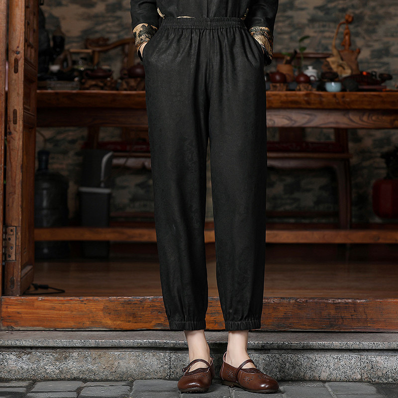 Mulberry Silk Silk Spun Floral Lace Casual Pants Genuine Silk Jacquard Fragrant Cloud Yarn 100 Hitch Loose Kharen Pants Tightness Waist Light Cage Pants