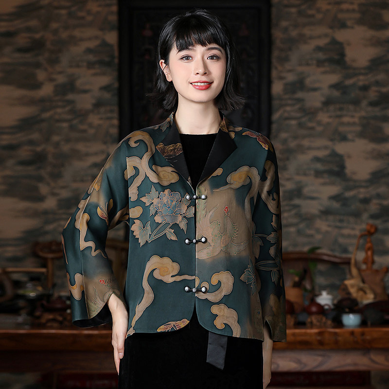 40 mmi heavy satin hand-painted colorful fragrant cloud yarn blouse blouse mulberry silk retro short coat Chinese genuine silk improved tangy