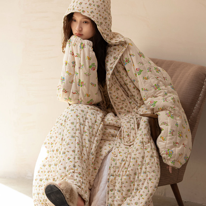 Sleeping Robes Lady Autumn Winter Long style Three layers clip cotton padded jacket thickened warm pajamas small crushed flower bathrobe pajamas pyjamas-Taobao