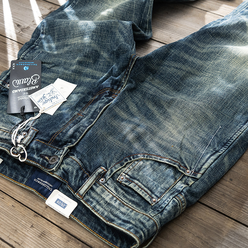 Bull King Driving To High Spires Tannin Washed Retro Made of Old Heavy Bound Men's Elastic Jeans Tide Long Pants