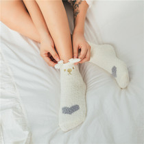 Winter Socks Children Coral Suede Midbarrel Floor Socks Korean Version Embroidered Towel Socks Home Warm Sleeping Wearing Socks