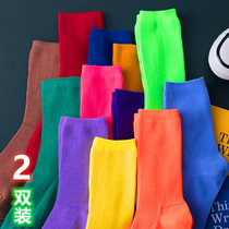 Fluorescent Color Socks Female Midbarrel Socks Pure Cotton Spring Autumn Season Korea Ins Tide Stockings Stockings Colorful Street Tennis Red Heaps Socks Socks