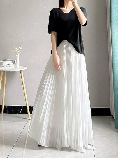 White Pleated Chiffon Skirt for Women, Mid-Length Skirt, Summer Long Loose Skirt with a Large Hem, Drapey Fairy Pleated Skirt
