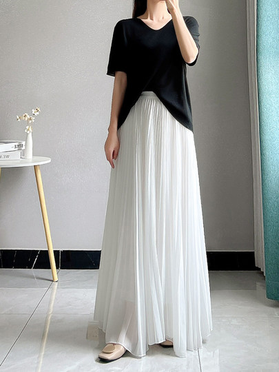 White Pleated Chiffon Skirt for Women, Mid-Length Skirt, Summer Long Loose Skirt with a Large Hem, Drapey Fairy Pleated Skirt