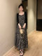 French floral skirt suspender dress for women summer high-end retro printed long skirt black slimming waist skirt