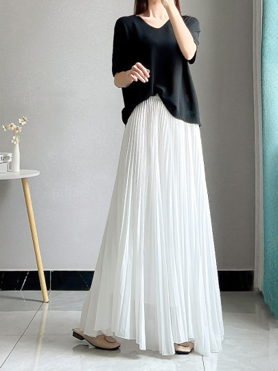 White Pleated Chiffon Skirt for Women, Mid-Length Skirt, Summer Long Loose Skirt with a Large Hem, Drapey Fairy Pleated Skirt