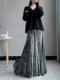 Black Draped Velvet Skirt for Women, Autumn and Winter, High-End Retro Print, Slimming A-Line Umbrella Skirt, Long Skirt with Large Hem