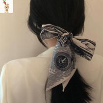 French Flamingo scarf vintage bird grid jungle ribbon female autumn and winter Joker scarf ribbon tie headgear