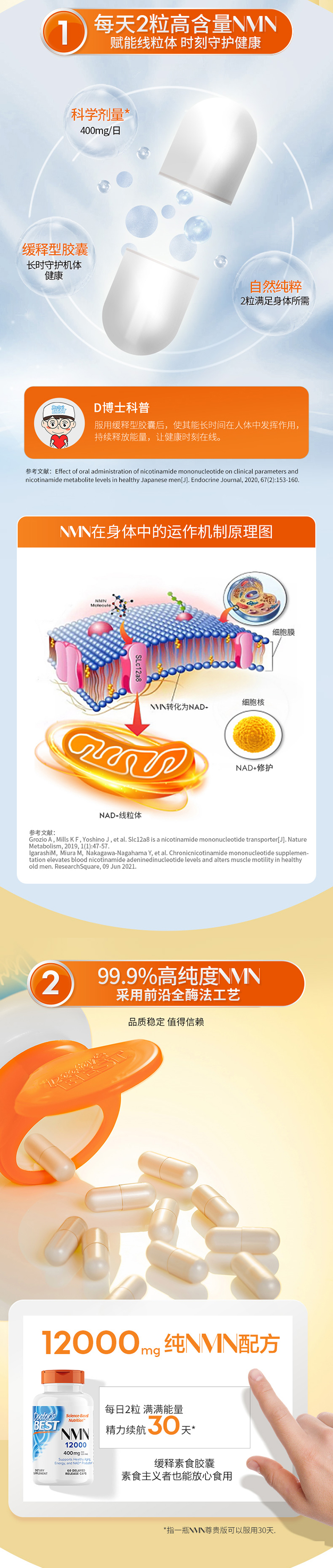美国进口 Doctor's Best 99.9%高纯度 NMN β-烟酰胺单核苷酸 12000 尊贵版 NAD+素食胶囊 200mg*60粒 凑单折后￥620.4包邮包税
