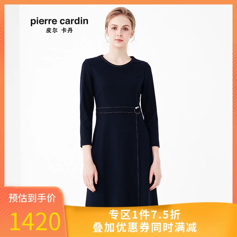 Pierre Cardin phụ nữ mặc năm 2020 mới màu xanh hải quân dài tay váy thời trang cao cấp váy chữ A kiểu trung đơn giản phụ nữ - A-Line Váy