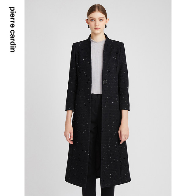 商场同款皮尔卡丹女装大衣秋冬黑色长款高级感通勤羊毛呢外套