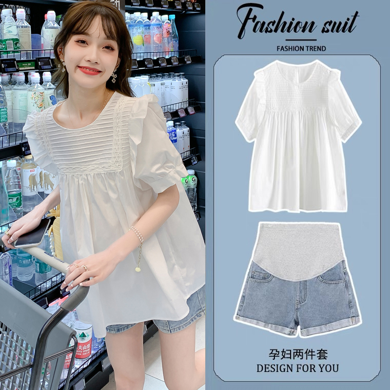 Maternity Summer Outfit Set 2026 New Style for Going Out, Fashionable Summer Top, Short-Sleeved Doll Shirt, Shorts for Petite Women