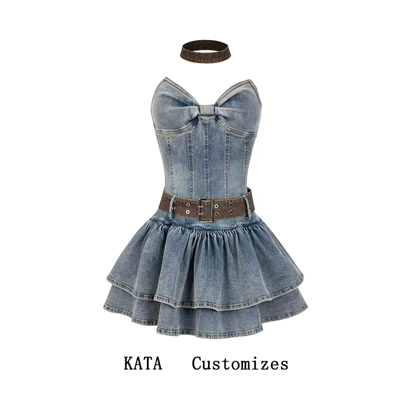 2025 Summer New American Retro Denim Sweet and Spicy Strapless Dress for Girls, Waist-Slimming Princess Puff Dress