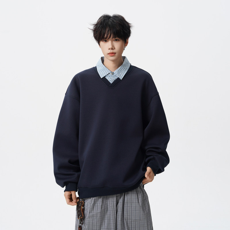 Fake Two-Piece Heavyweight 470g Air Layer Long-Sleeve Pullover Simple Loose Shirt Collar Sweatshirt for Autumn Fake Two-Piece Heavyweight 470g Air Layer Long-Sleeve Pullover Simple Loose Shirt Collar Sweatshirt for Autumn