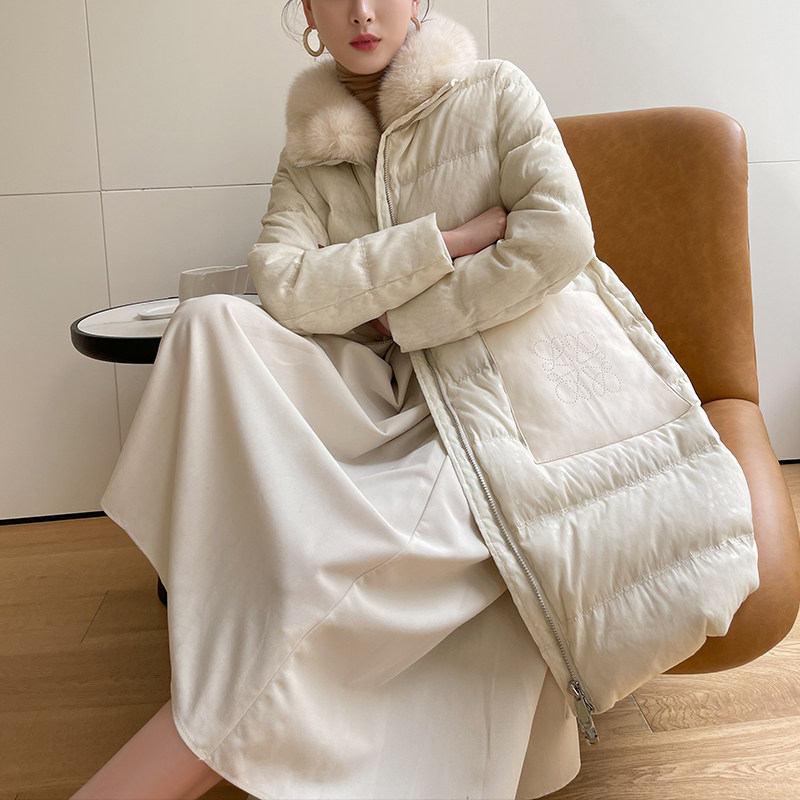 The same style of down jacket women's mid-length fox fur collar thickened coat 2021 winter new leather sheep fur