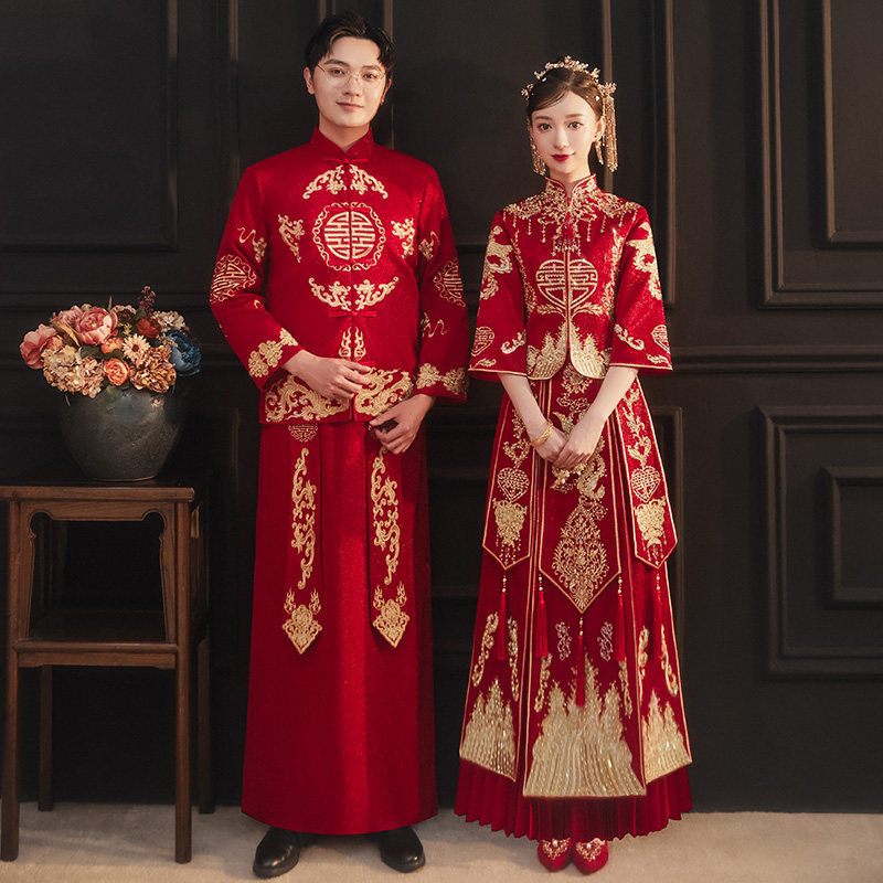 Xiuhe clothing 2021 New Bride wedding Chinese dress toasting couple suit winter dragon and phoenix hanging show and