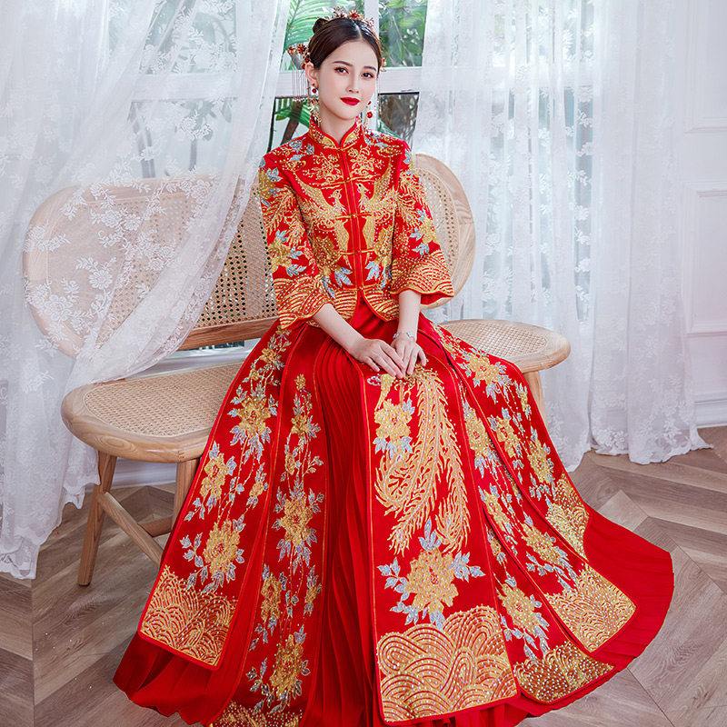 2021 New Xiuhe clothing Bride wedding Chinese dress toast clothing out of the cabinet clothing dragon and phoenix hanging wedding clothing pregnant women large size