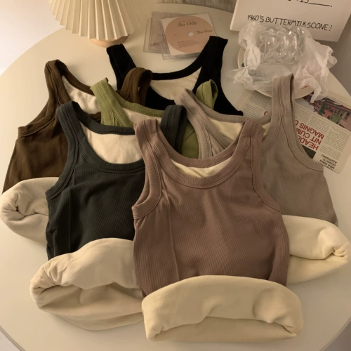 Демисезонная утепленная цветная майка топ без рукавов, круглый воротник, облегающий крой