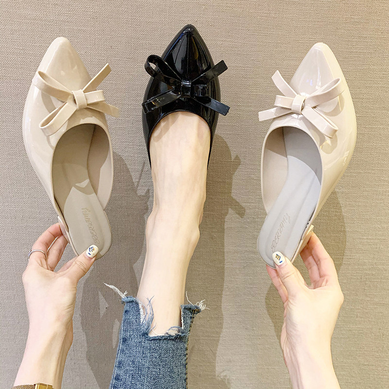 Rain boots women's fashionable outer wear pointed toe shallow mouth casual half slippers Korean version high-heeled waterproof butterfly result frozen shoes