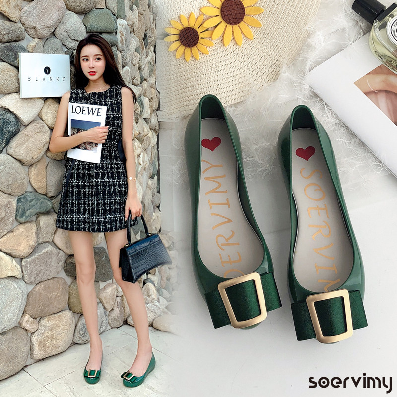 Jelly Rainshoe Woman wore style outside wearing Japanese square button shoes Short slope heel anti-slip foreign trade glue