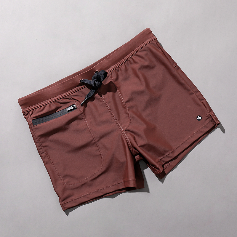 Men's Boxer Swim Trunks, Double-Layered with Lining, Solid Color Swimwear, Quick-Drying, Large Pocket with Zipper, Low-Waist Swim Trunks for Men