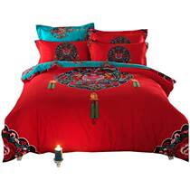 New Chinese ethnic style 3D polished four-piece set 1 8 double bed supplies cotton sheets quilt cover cotton thickened