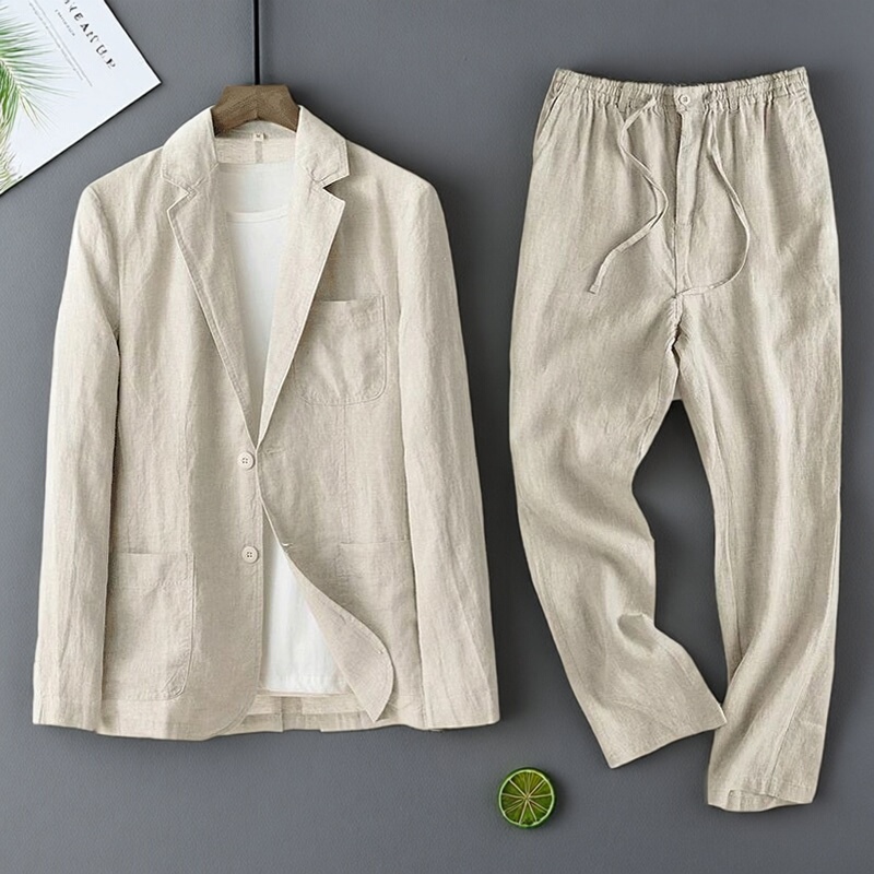 Pure Linen Suit Men's Set Spring and Autumn Thin Style Summer Full Linen Fabric Jacket Pants Men's Casual Suit