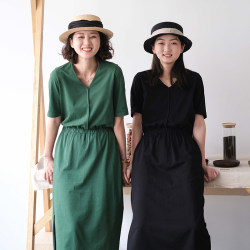 Yuanjia classic pure cotton pure-sleeved dress V-neck with pleated waist multi-color knitted skirt Xia Xin LF391