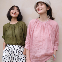 Yuanjia pure ramie burnt flower polka dot top round neck diagonal button open mid-sleeve blouse breathable cool and light LF3712 limited edition