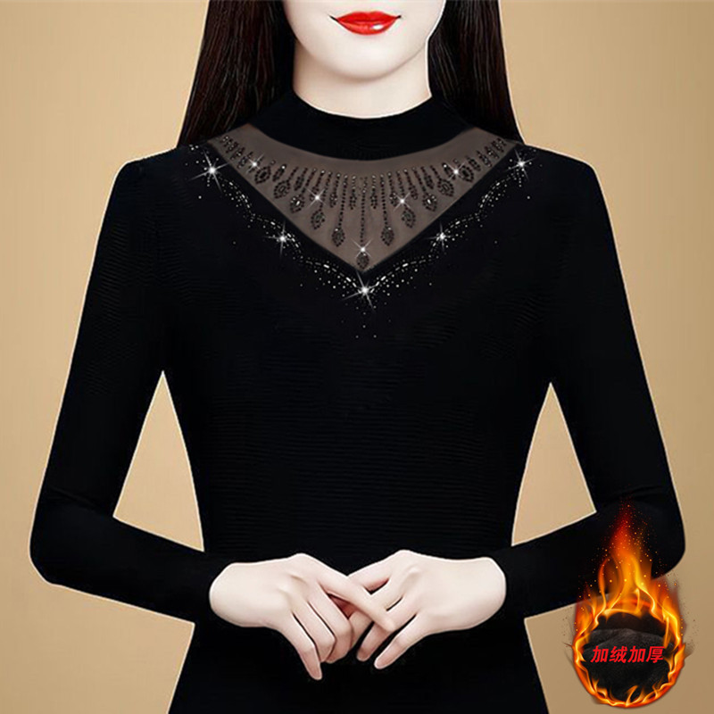 Lace Mesh Base Shirt for Women 2026 Autumn and Winter New Slim Fit Slimming Middle-Aged Mother's Inner Wear Fleece-Lined Warm Top