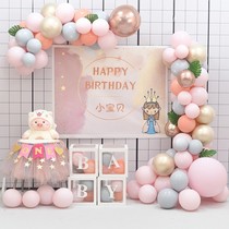 Baby girl 1 year old birthday layout childrens theme party scene decoration poster custom background wall pink balloon