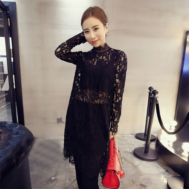 Korean long-sleeved stand-up collar eyelashes lace bottoming shirt hollow perspective inner wear outer wear blouse lace collar sexy skirt