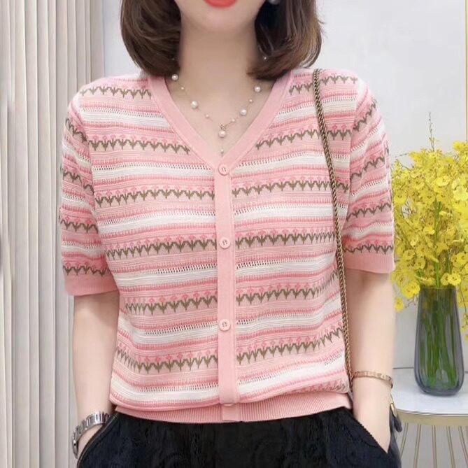 2026夏季新款动感哥弟冰丝针织开衫女桑蚕丝条纹粉色碎花百搭上衣
