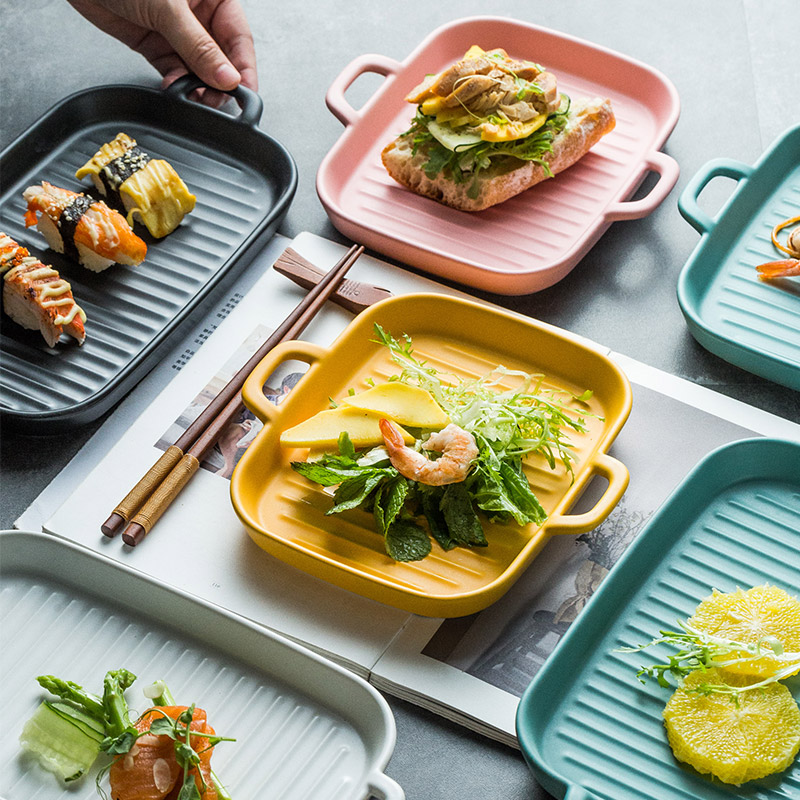 Creative rectangular plate Nordic household dish double ear ceramic dish oven microwave dish ceramic disk