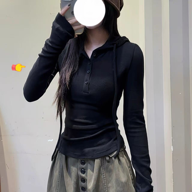 Autumn and Winter High Street American-Style Drawstring Hooded Design Black Half-Button Casual Versatile T-Shirt Trendy Women's Top