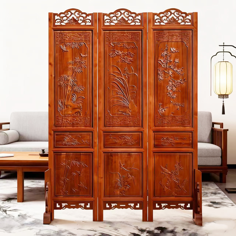 Chinese-Style Antique Screen Partition for Living Room, Made of Camphor Wood, Foldable and Movable, All Solid Wood, Office Carving, Vintage Entranceway