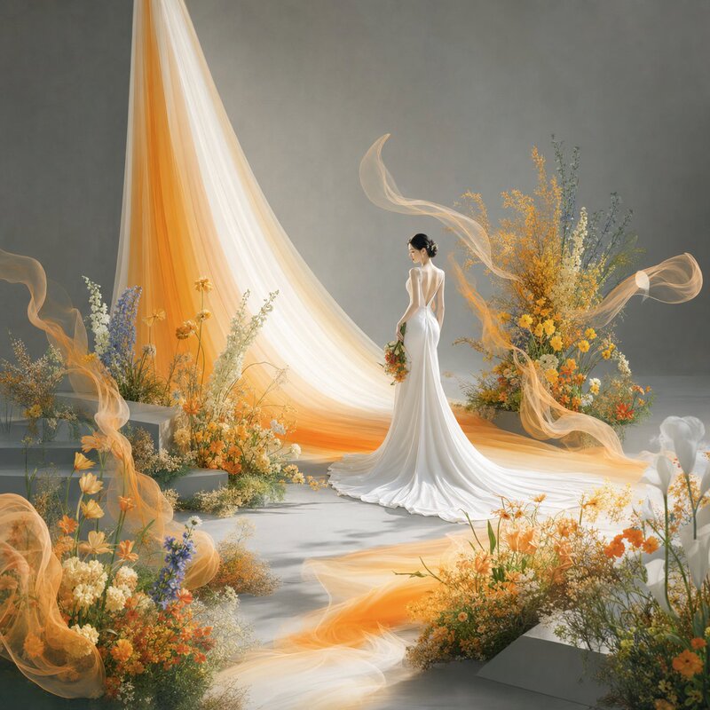 Yellow-Orange Gradient Gauze Material, Curved Gauze Path, S-Shaped Cloth Drape, Autumn Color Series, Wedding Floral Art Psd